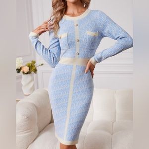 SHEIN Pattern Contrast Trim Pocket Patched Sweater Dress